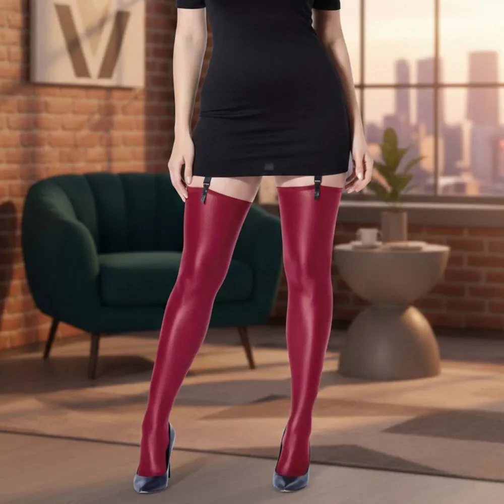 Coquette Plus Matte Wet Look Thigh High Stockings Stay Up Black or Merlot OSXL